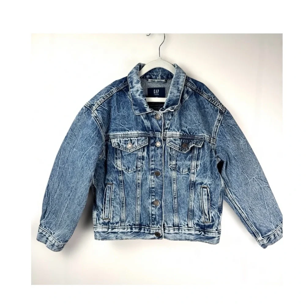 Gap Girls Teen Medium Wash Oversized Denim Jacket relaxed fit 100% cotton L (10)